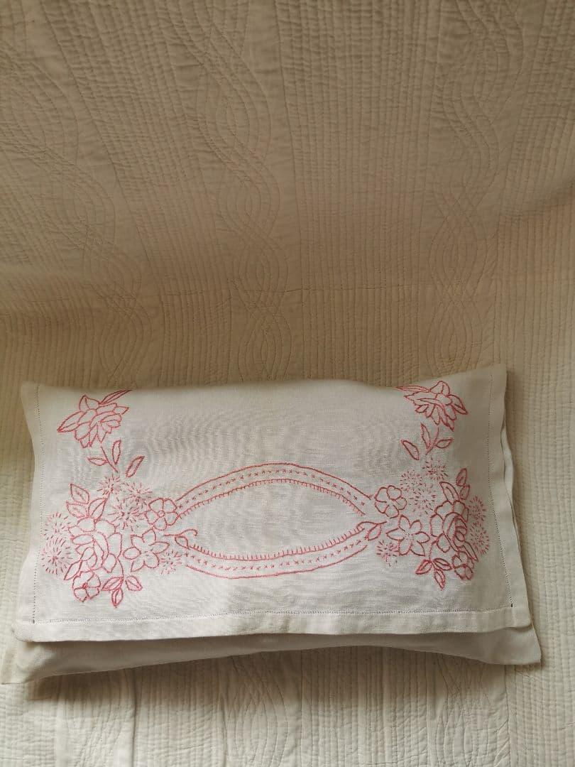 アンティークフランス 薔薇紫陽花赤糸刺繍 ランジェリーケース リネンピローカバー