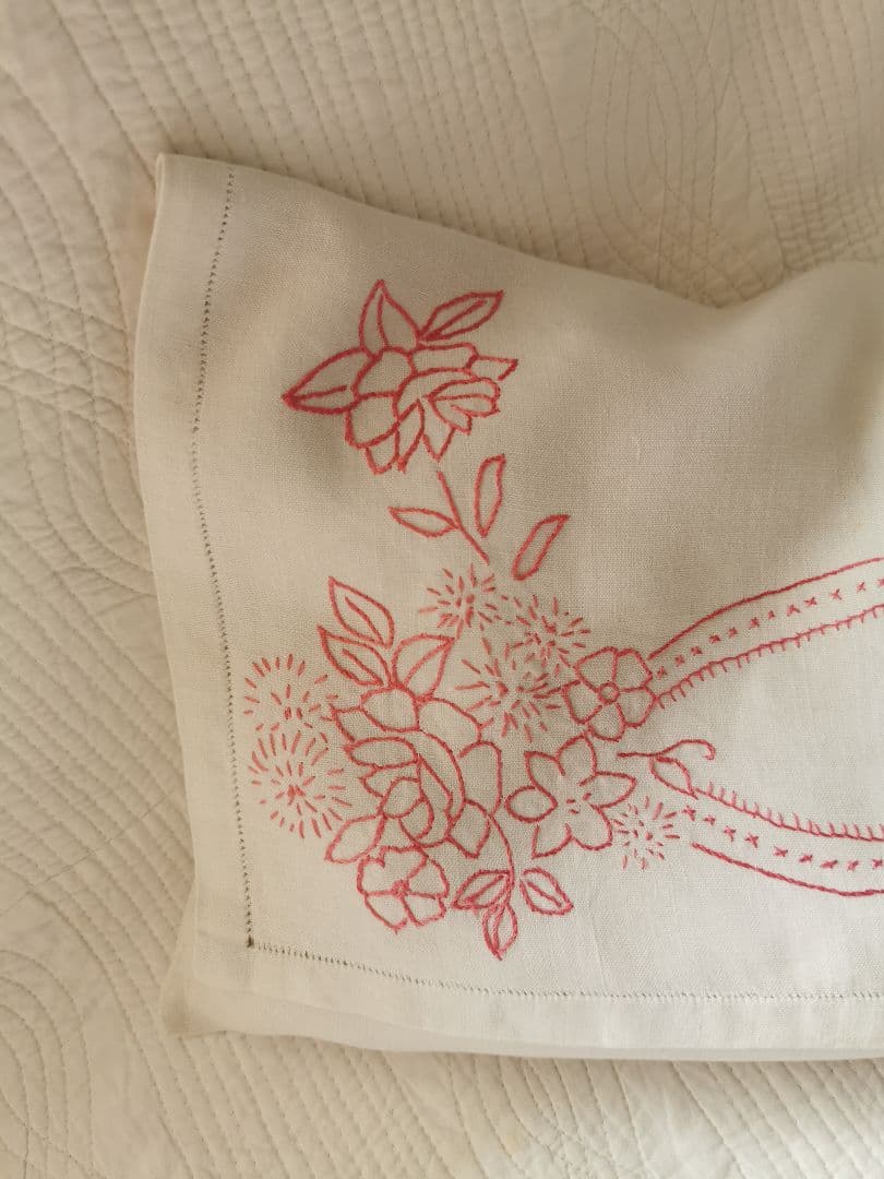 アンティークフランス 薔薇紫陽花赤糸刺繍 ランジェリーケース リネンピローカバー