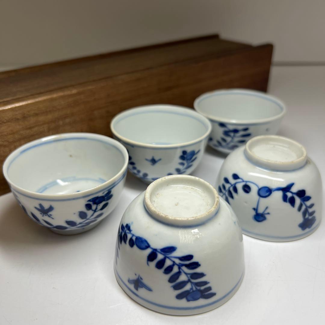 中国清時代　新渡染付煎茶碗5客　木箱付　口径約6.5㎝　東Y7-1105☆2F