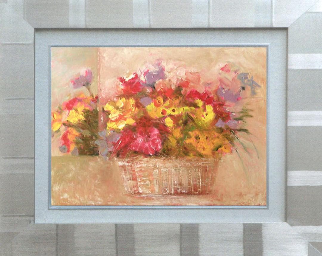 油絵 菅家令子 絵 絵画インテリア額付(青緑＋金色の枠) uF6-110302花