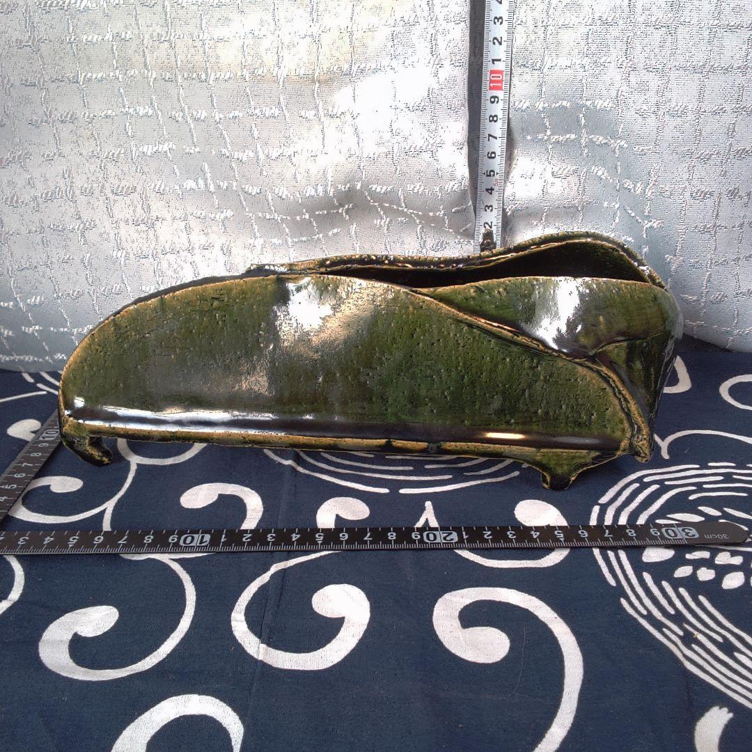 骨董３緑色の陶器製長方形皿