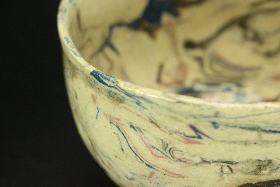 茶道具 唐九郎作 練込茶碗 「銘 雅静」 仕覆付 共箱(メ1465)