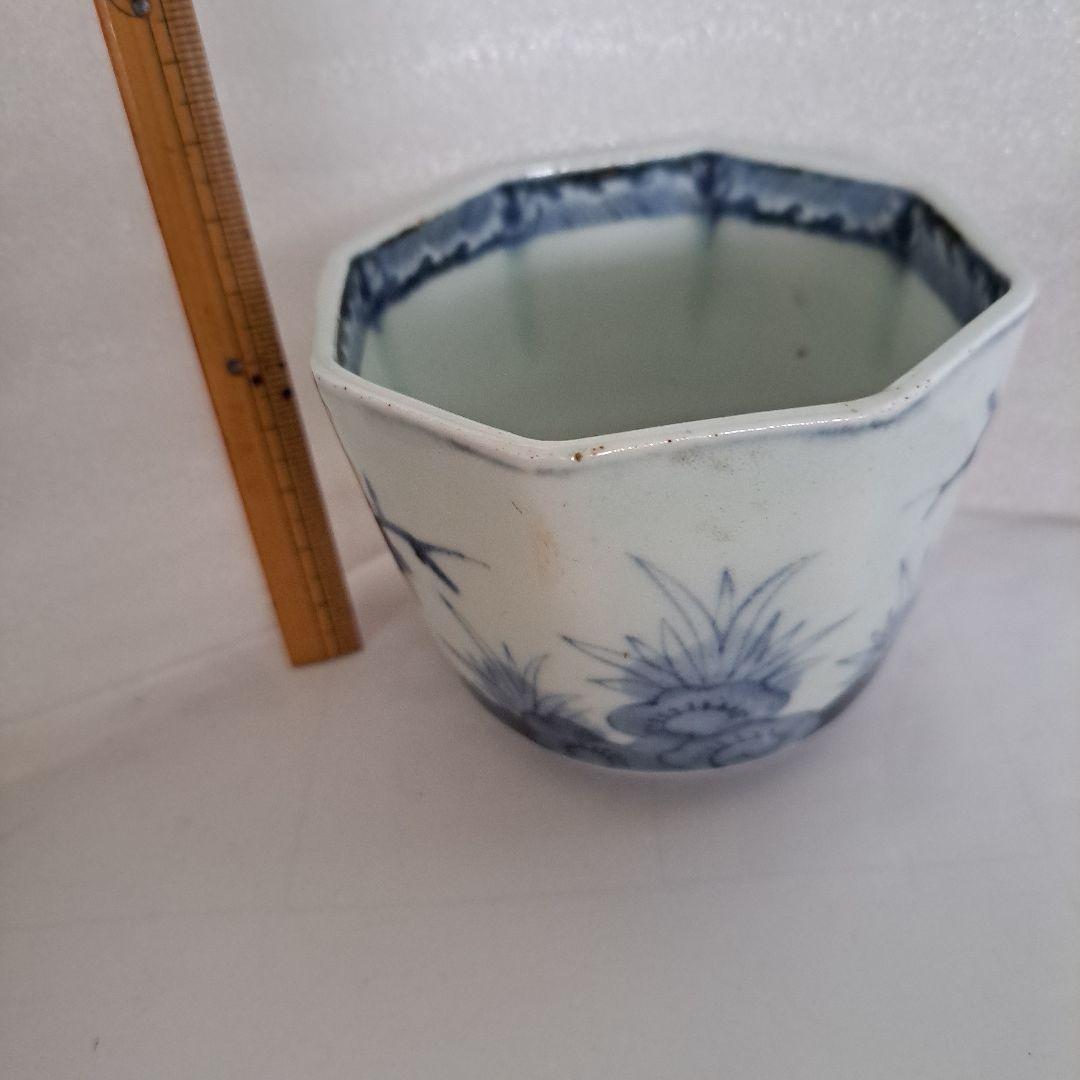 骨董　柿右衛門　藍柿右衛門　濁手　古伊万里　八角蕎麦猪口　岩牡丹文　角渦福