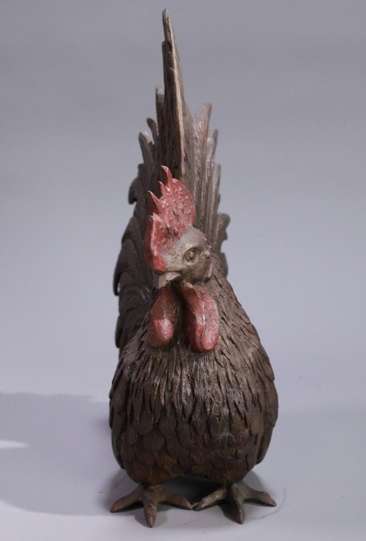 古銅 双鶏 親子鶏像 共箱 銅製 一対 ブロンズ オブジェ 細密彫刻 BE976