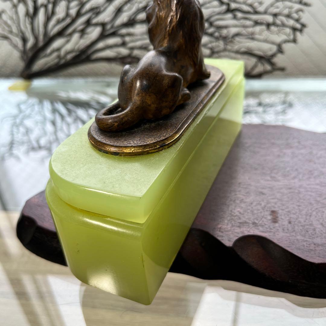 骨董　時代ガラス　希少　練りガラス　モニュメント　ライオン　置き物　ウランガラス