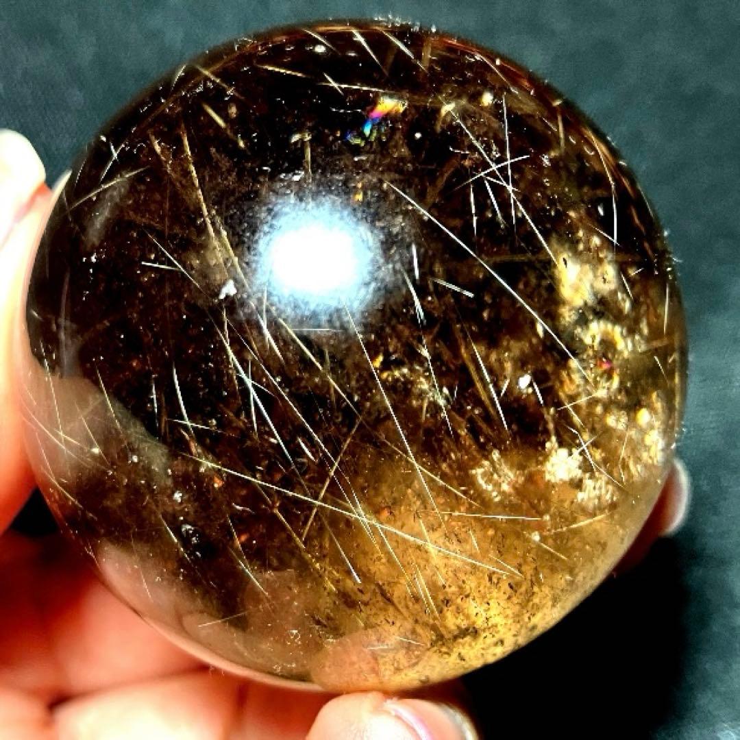 50mm 虹入ゴールドルチルクォーツ　丸玉　スフィア　金針水晶