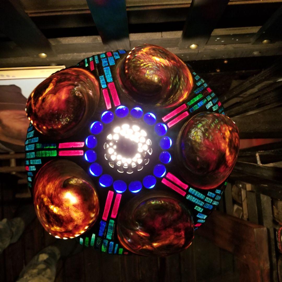 1970's　作家作品　モザイク　アバロンシェル　真鍮　スタンド　ステンドグラス