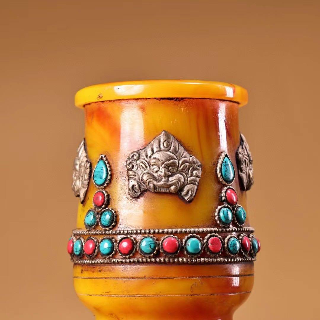 中国古美術・チベット収· 老蜜蝋純手作り・宝石掐糸多宝花瓶一対・蔵伝工芸・文房具