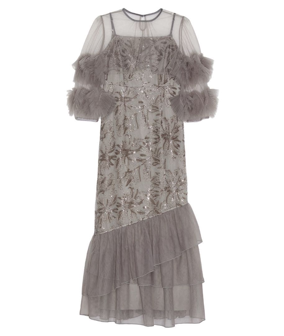 LEJA フラワースパンコールチュールフリルスリーブIラインワンピース 結婚式