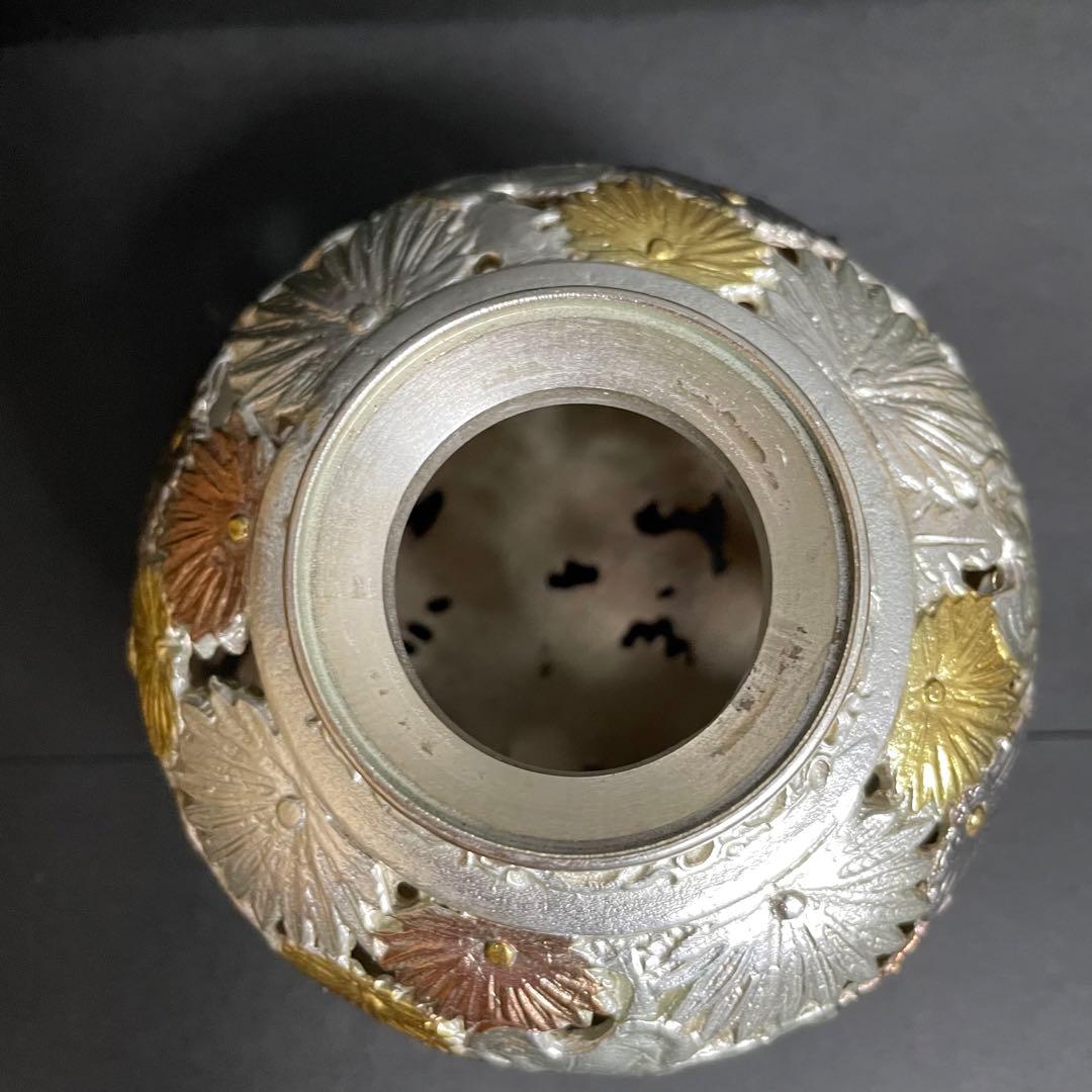 【希少】市橋敏雄 金銀彩菊透し文華香炉 高さ10.5cm 古美術品