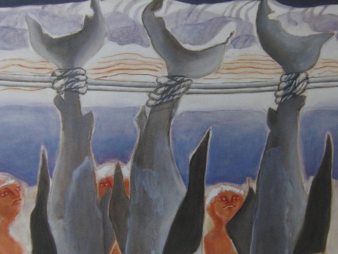 三吉雅、【魚と人】、希少な額装用画集より、新品額装付