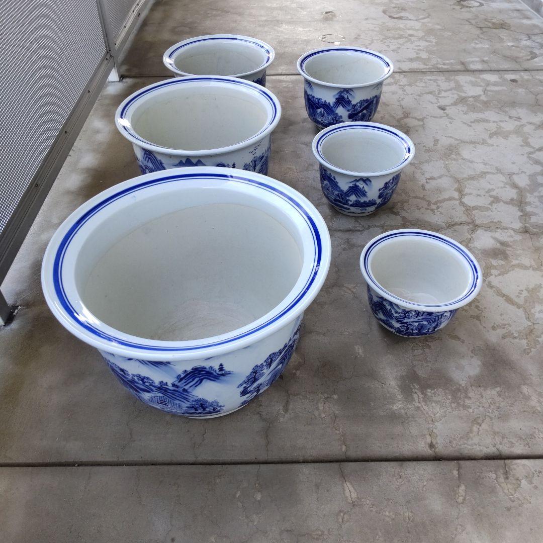 青と白の山水画 陶器植木鉢 6個セット