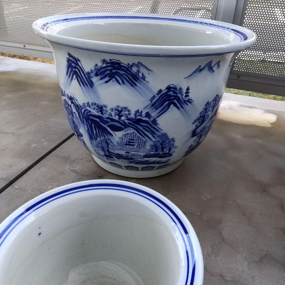 青と白の山水画 陶器植木鉢 6個セット