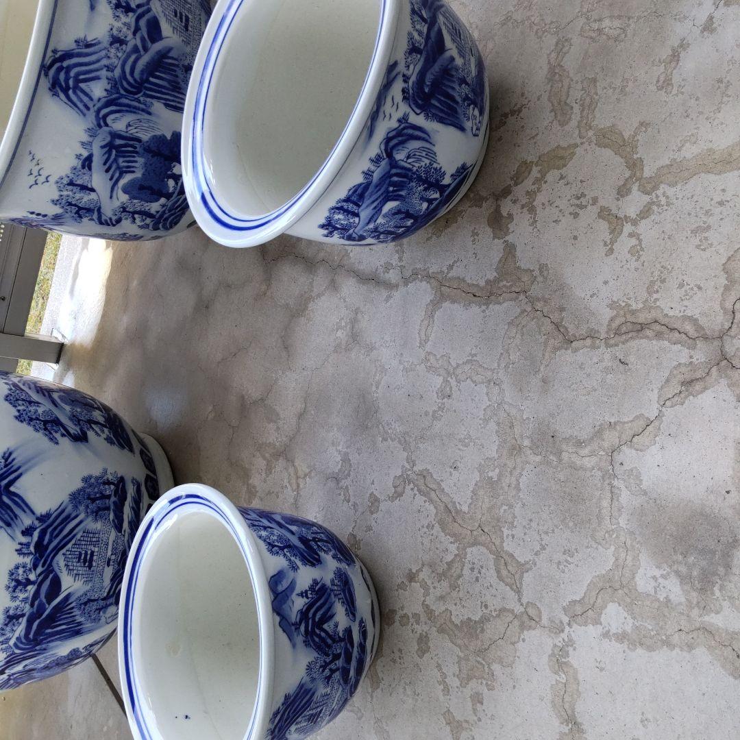 青と白の山水画 陶器植木鉢 6個セット