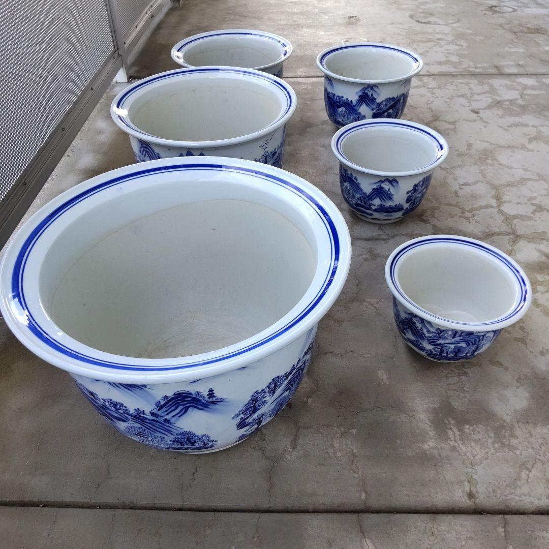 青と白の山水画 陶器植木鉢 6個セット
