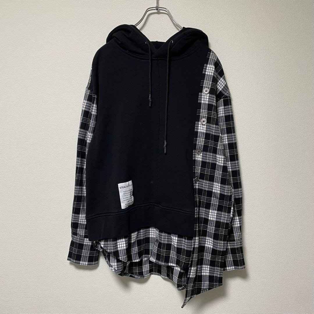 ステルスステラ 異素材ドッキングパーカー チェックシャツ アシンメトリー 黒