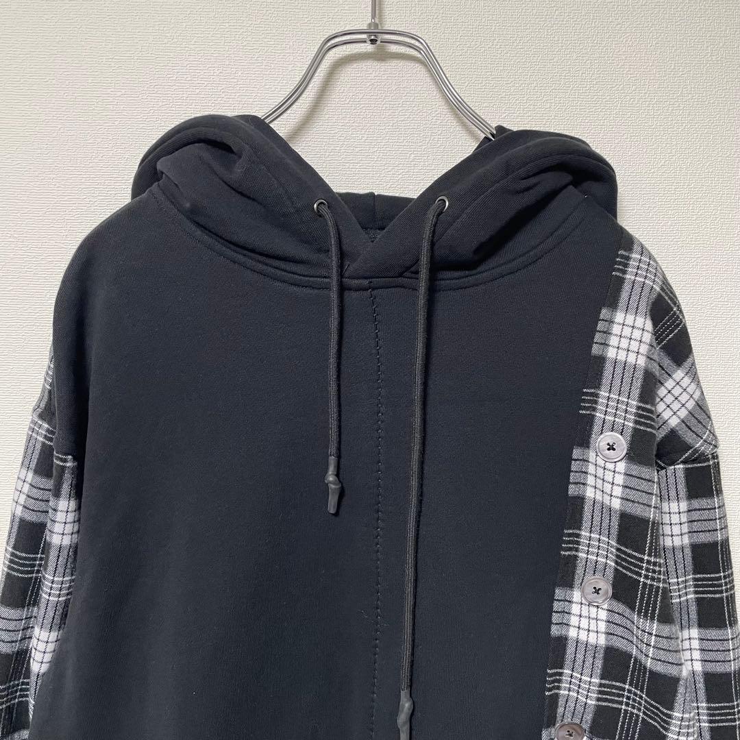 ステルスステラ 異素材ドッキングパーカー チェックシャツ アシンメトリー 黒