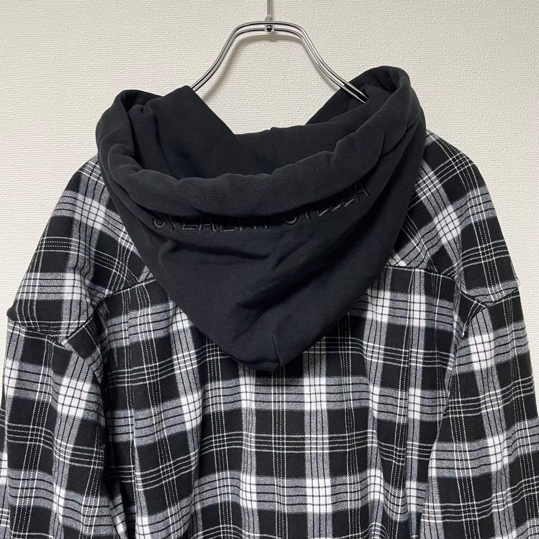 ステルスステラ 異素材ドッキングパーカー チェックシャツ アシンメトリー 黒