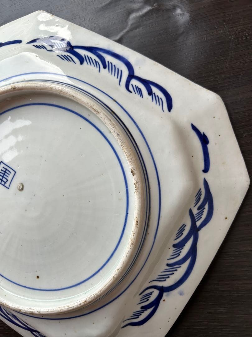 古伊万里 染付 ベロ藍 線描 銘有 隅切り八角皿 山水楼閣 九谷 飾り皿 骨董品