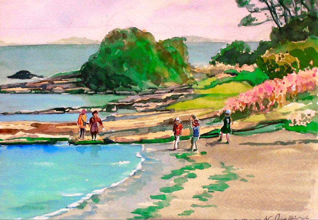 海辺の風景 水彩画 額装済み 原画