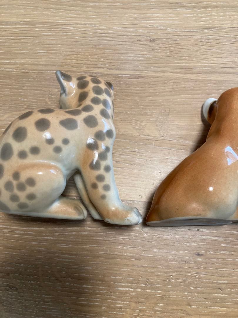 希少　ロモノーソフ　陶器製ヒョウと子ライオンフィギュアセット