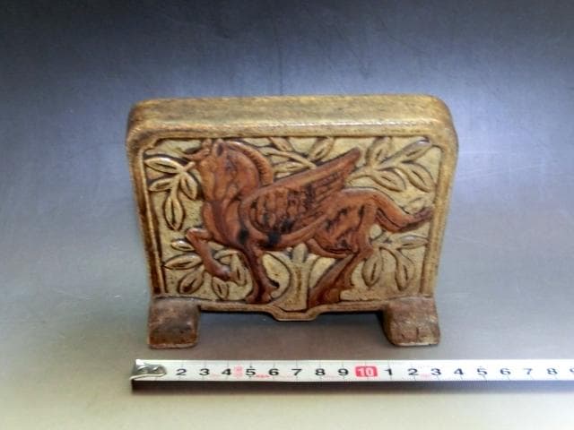 硯屏■唐草馬紋 櫛目 結界 古い陶器 お茶道具 書道道具 骨董品 希少■