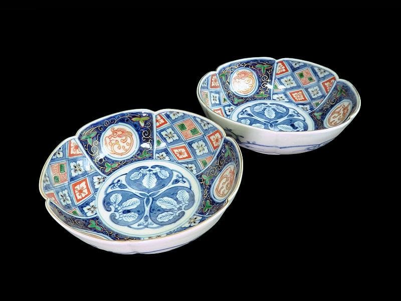 大聖寺伊万里　団龍紋に金唐草　中陰菱に花菱紋の図　膾皿　２客F334AS-CYa