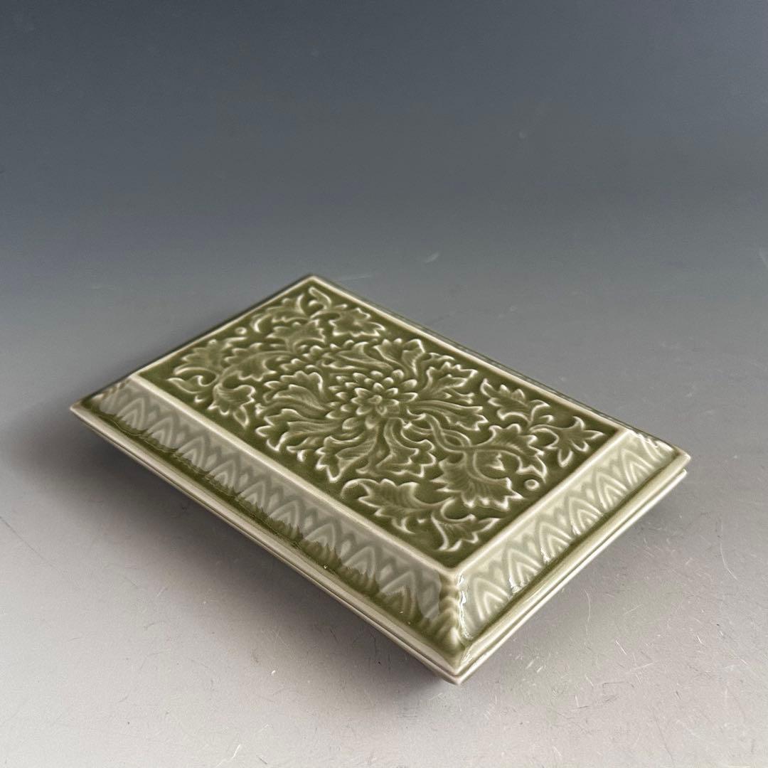 書道具　青磁　唐草紋　陶硯　平安　松本石亭　共箱　京焼　煎茶道具　陶芸