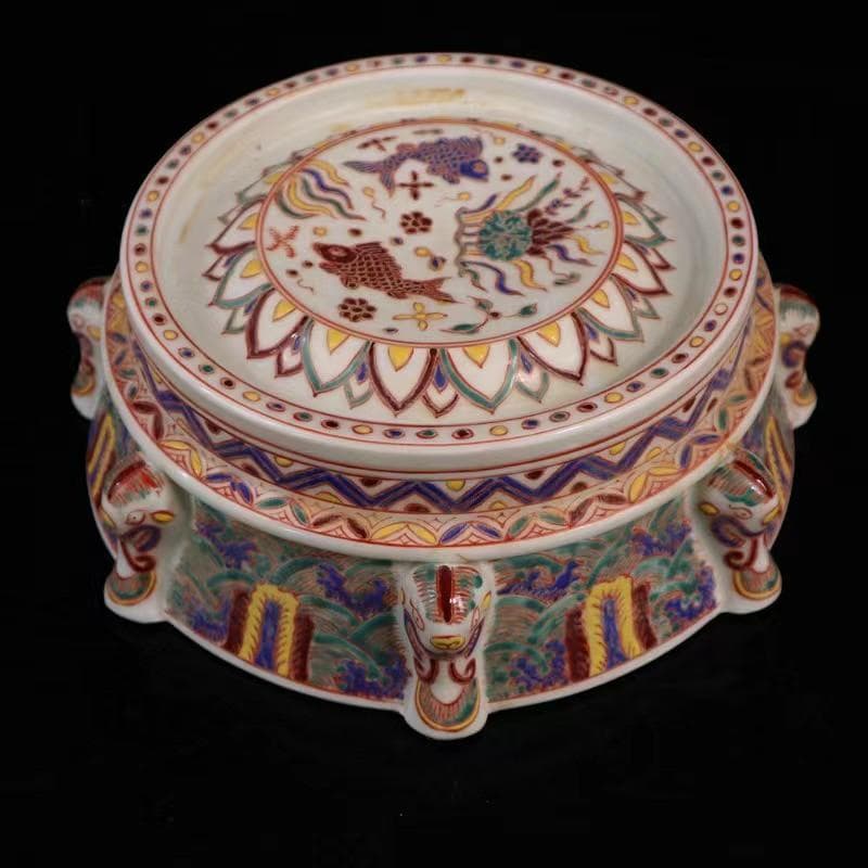 中国古美術✦大明宣徳紋 五彩 魚藻紋 筆洗✦置物・書道品・文房具・陶芸・観賞皿