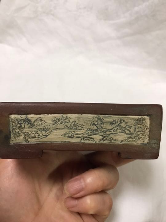 盆栽鉢　時代希少手捻り釘彫山水画常滑名工朱泥ミニ盆栽鉢小品盆栽鉢山野草鉢