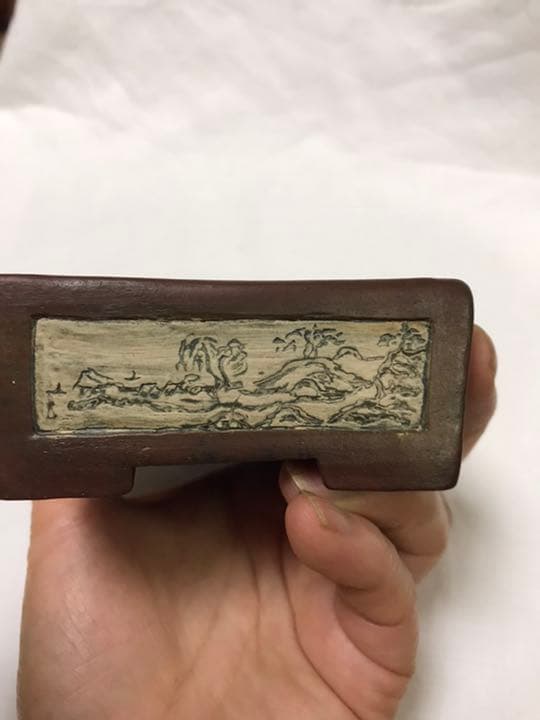 盆栽鉢　時代希少手捻り釘彫山水画常滑名工朱泥ミニ盆栽鉢小品盆栽鉢山野草鉢