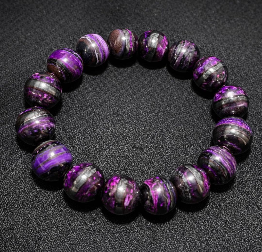 【極上品質・超激レア】スギライト 14mm ブラック×パープル バイカラー