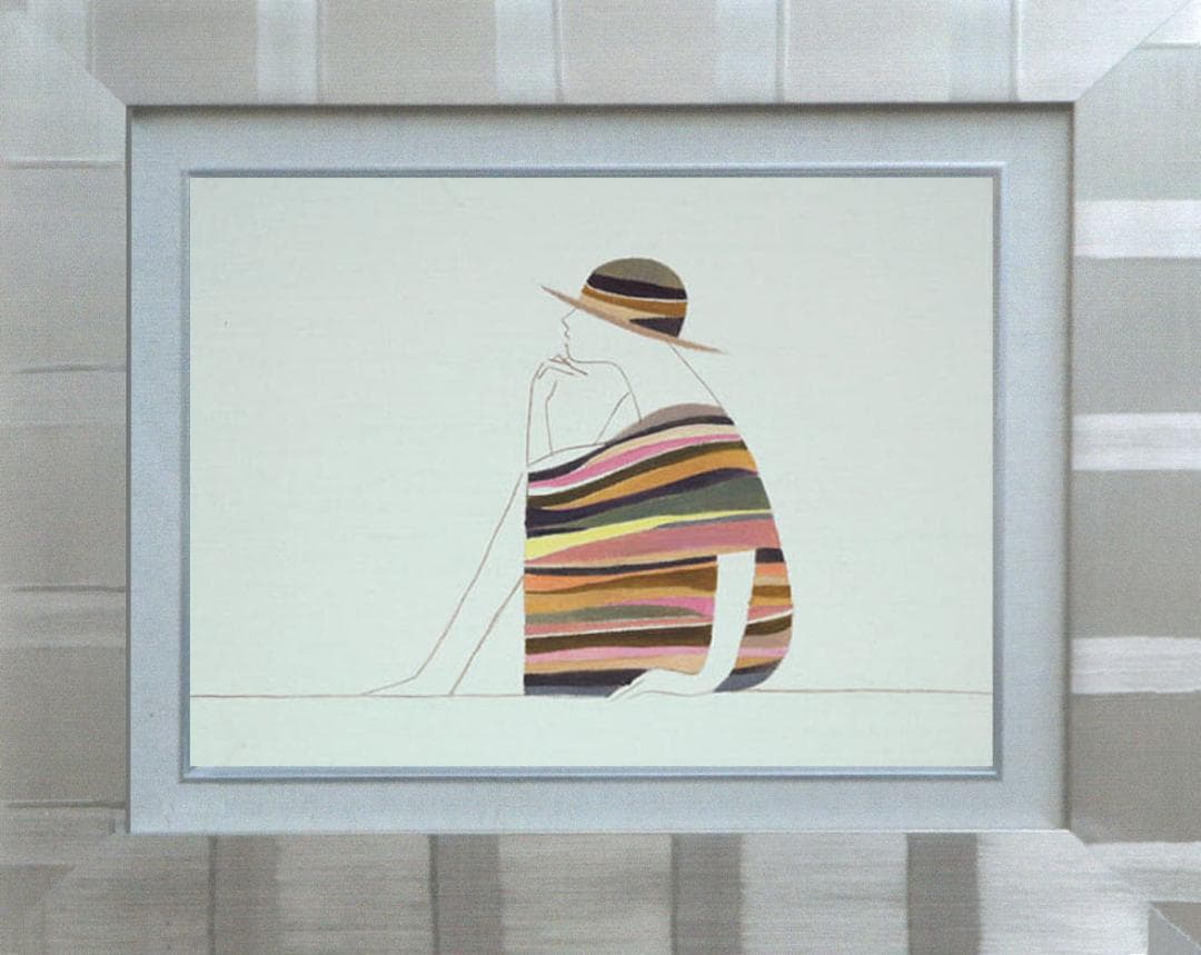 油絵 菅家令子 絵 絵画インテリア 額付(青緑＋金色の枠)F3-041214女性