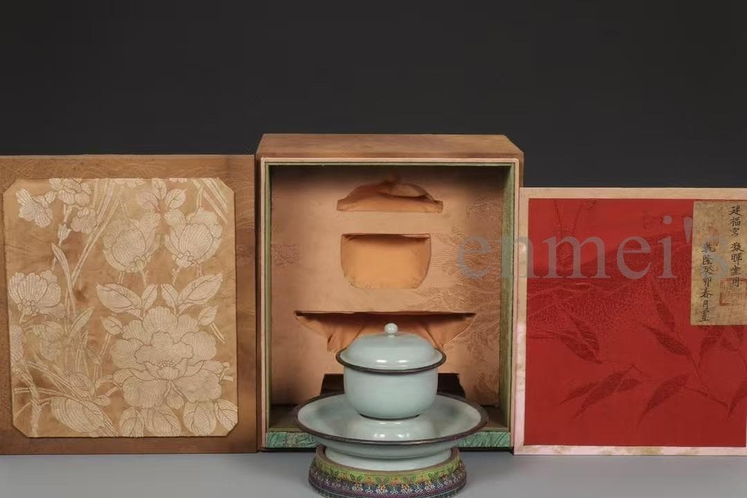 中国古美術・宋汝窯款天青釉「寿成殿」銀口盞托茶器セット・木箱付・文房具・煎茶道具
