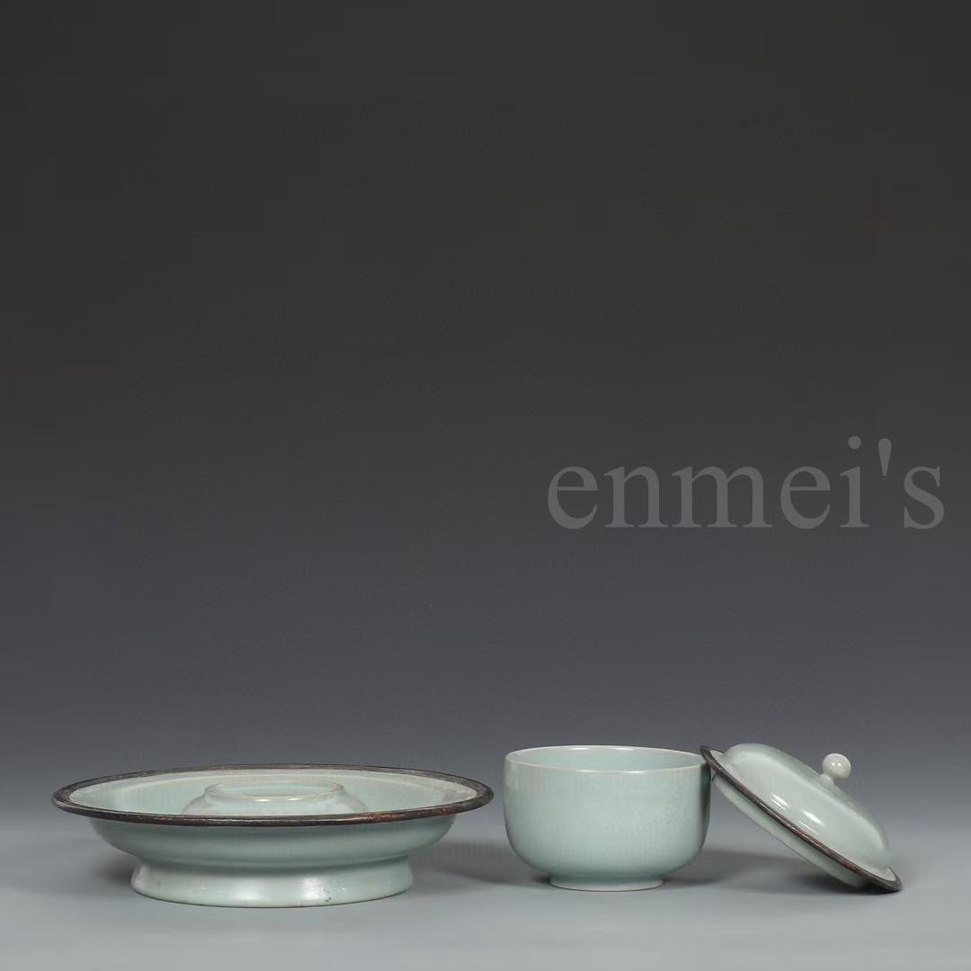 中国古美術・宋汝窯款天青釉「寿成殿」銀口盞托茶器セット・木箱付・文房具・煎茶道具