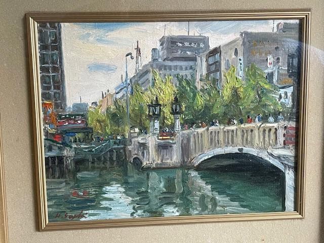 油彩画　橋のある風景（淀屋橋）　佐伯久