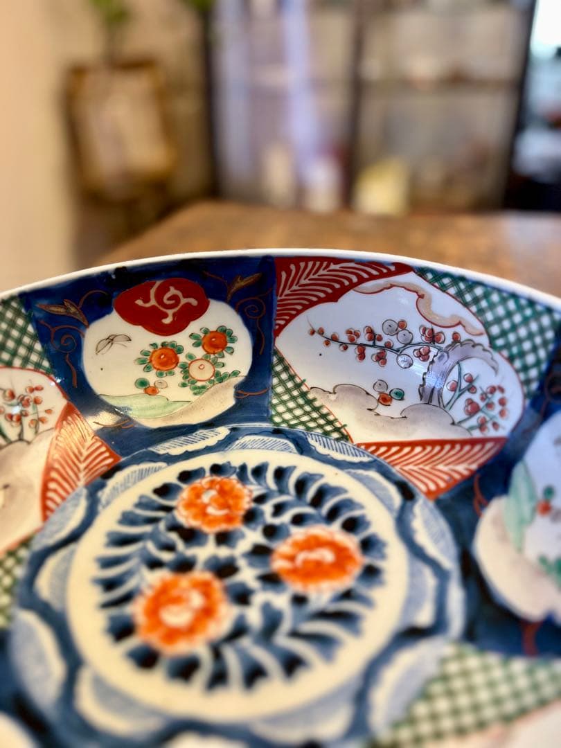 古伊万里　大鉢　色絵　赤絵　染付　二高台　食器　アンティーク　古道具