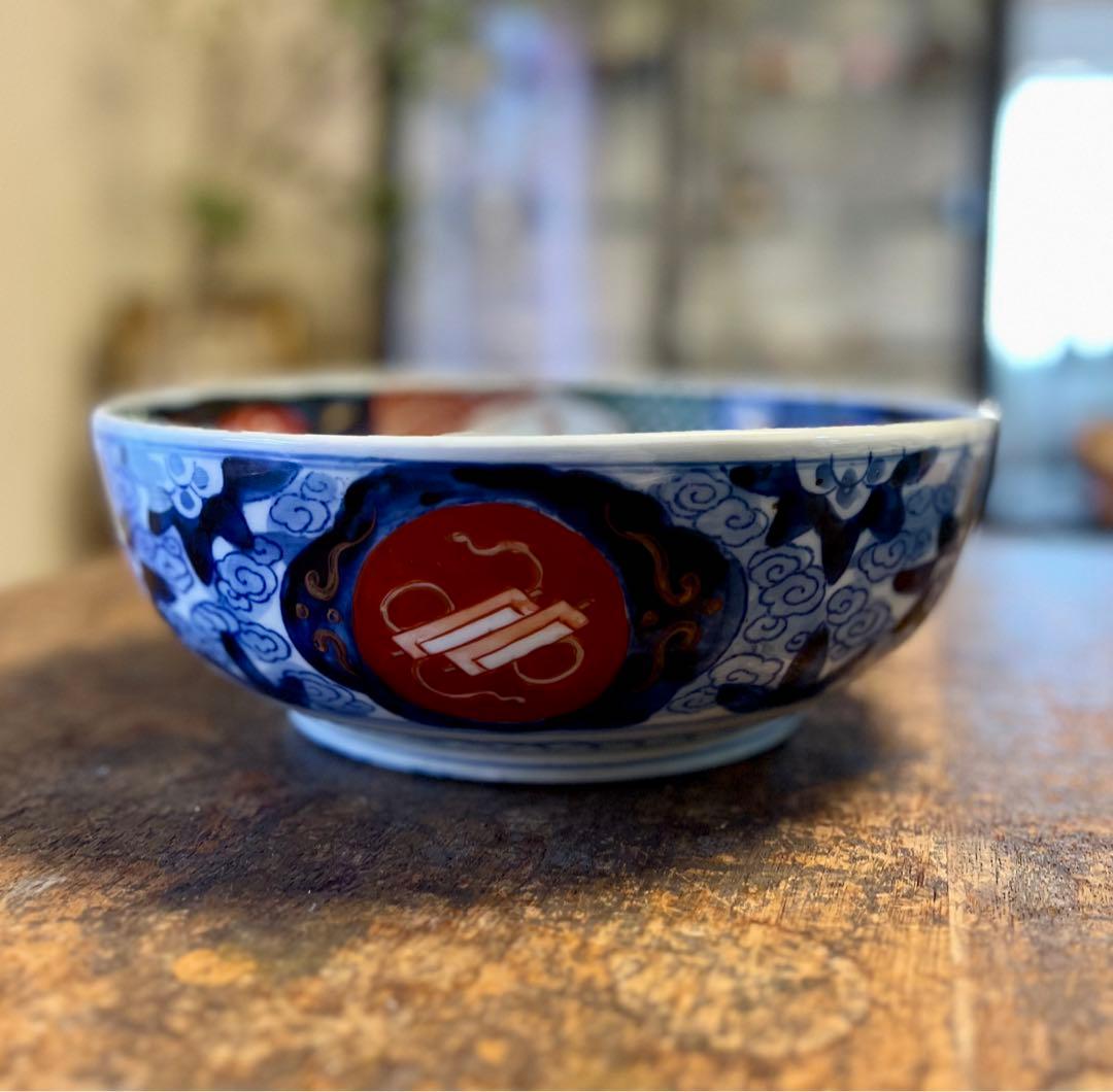 古伊万里　大鉢　色絵　赤絵　染付　二高台　食器　アンティーク　古道具