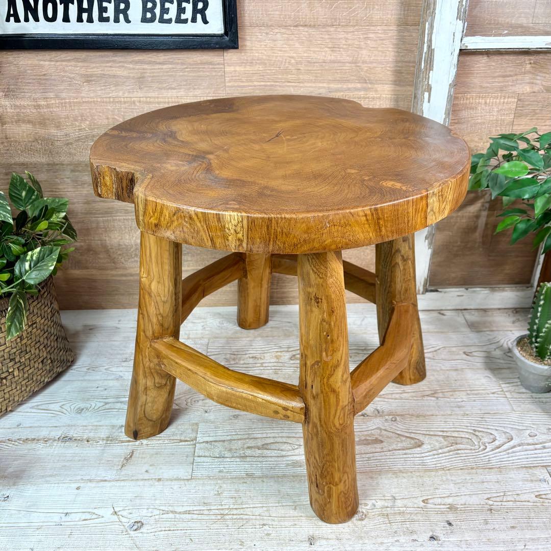 オールドチーク天然無垢材木製創作極太サイドテーブル L（直径54㎝）ウッド飾り台