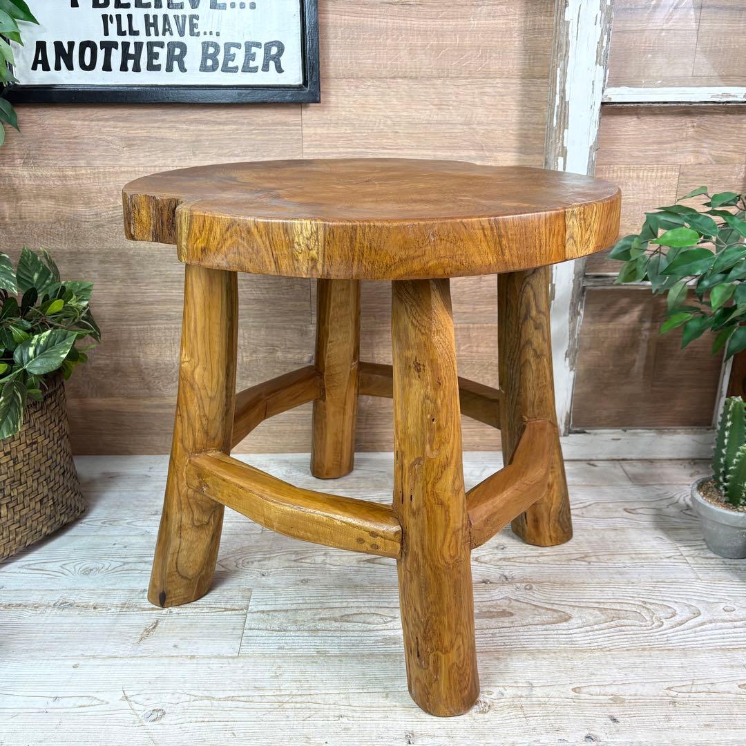 オールドチーク天然無垢材木製創作極太サイドテーブル L（直径54㎝）ウッド飾り台