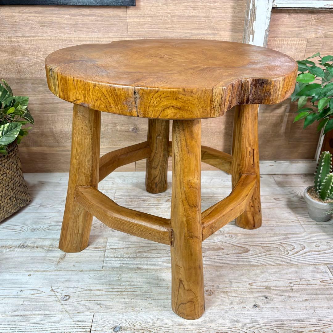 オールドチーク天然無垢材木製創作極太サイドテーブル L（直径54㎝）ウッド飾り台