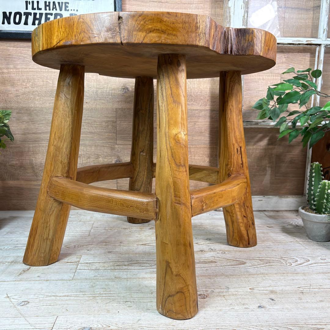 オールドチーク天然無垢材木製創作極太サイドテーブル L（直径54㎝）ウッド飾り台