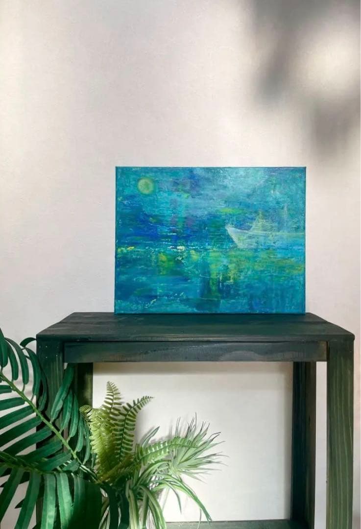 265 抽象画 アクリル画 原画 キャンバスボード F6 満月と哀愁の漁船