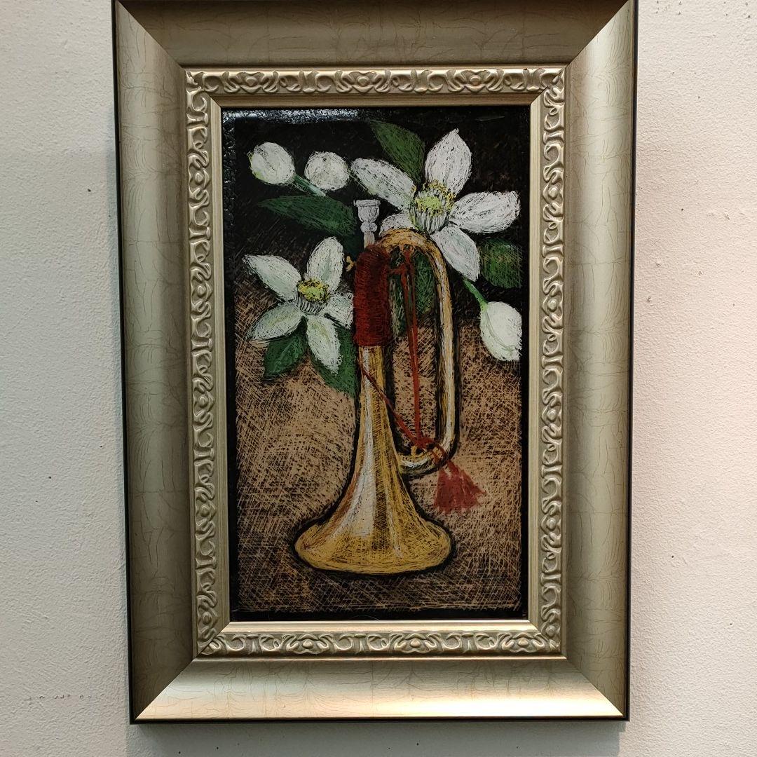 ガラス絵「八朔の花と喇叭」