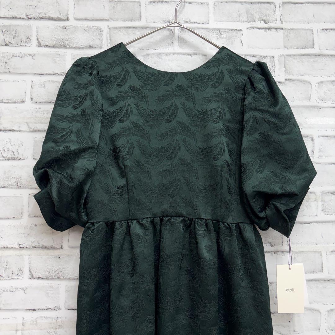 etoll. エトル　ジャガード　パフ　スリーブ　ドレス グリーン