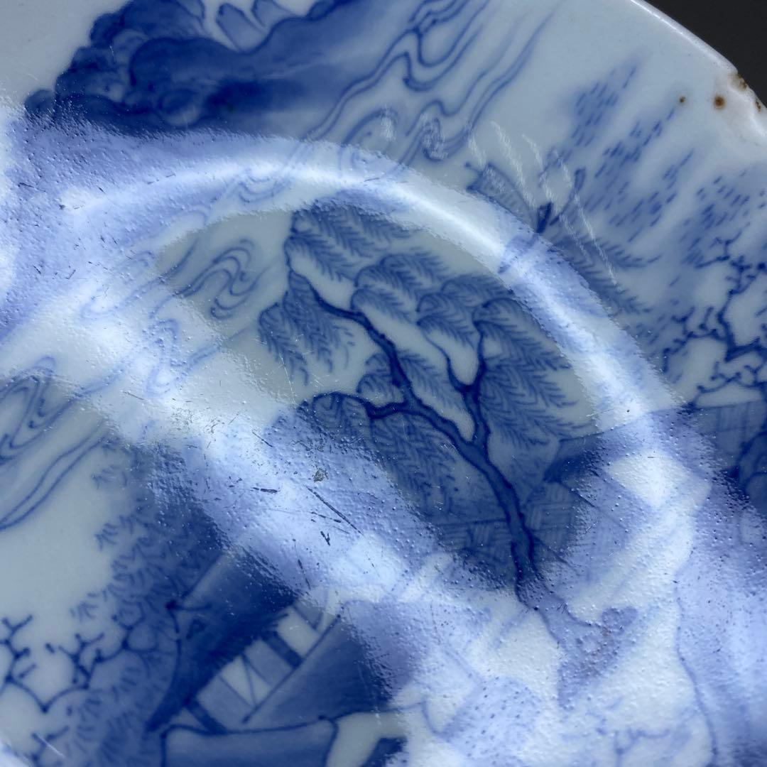 江戸中後期　極上手鍋島焼染付山水風景画皿　木箱付　本Y7-0331☆1Fタニト