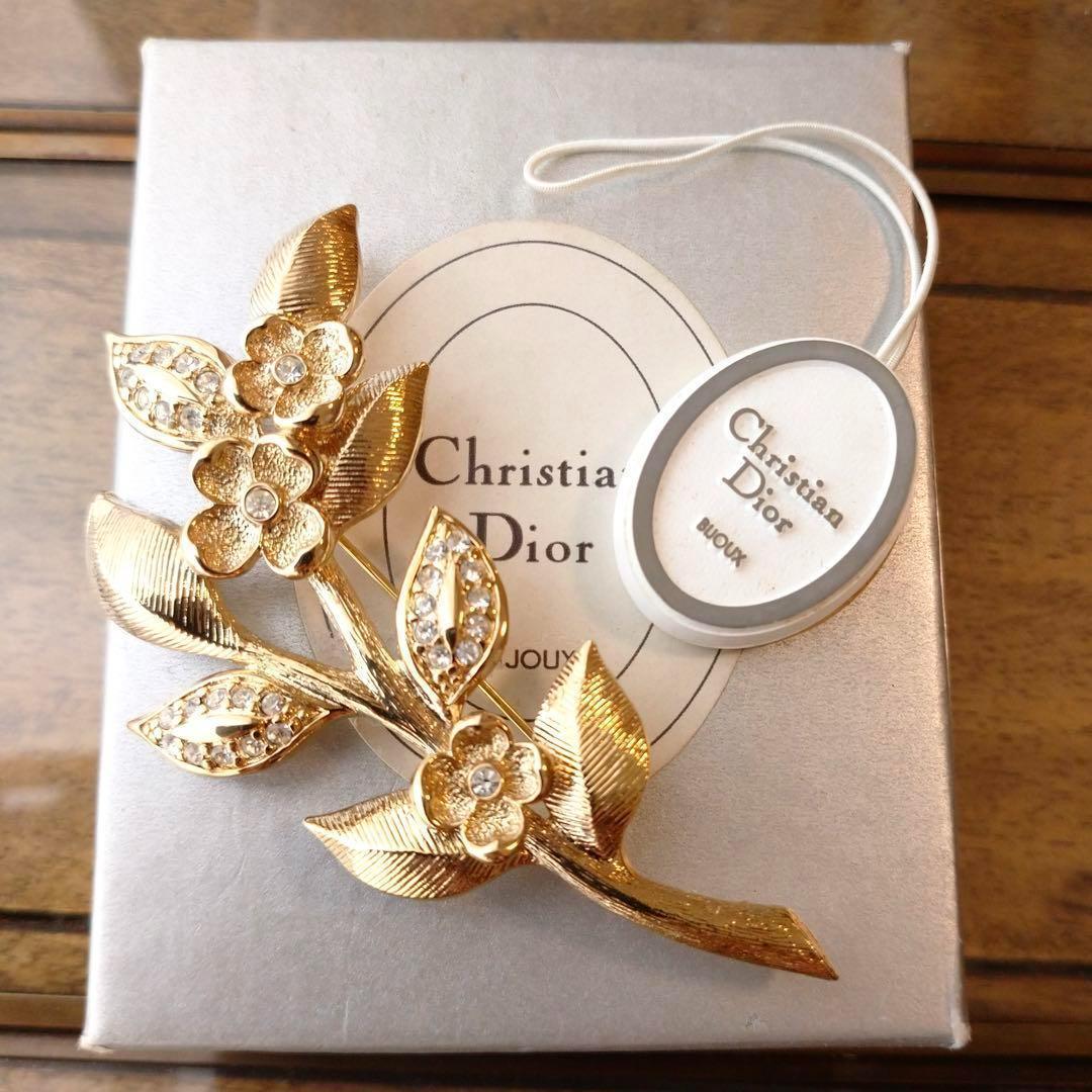 箱付き希少美品　Dior ヴィンテージ　フラワーブローチ　ゴールドラインストーン