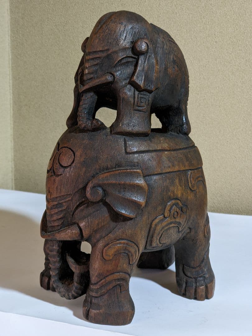 ♦中国古美術品 清時代 竹根 透かし彫り 親子象 置物飾り レア物 骨董品