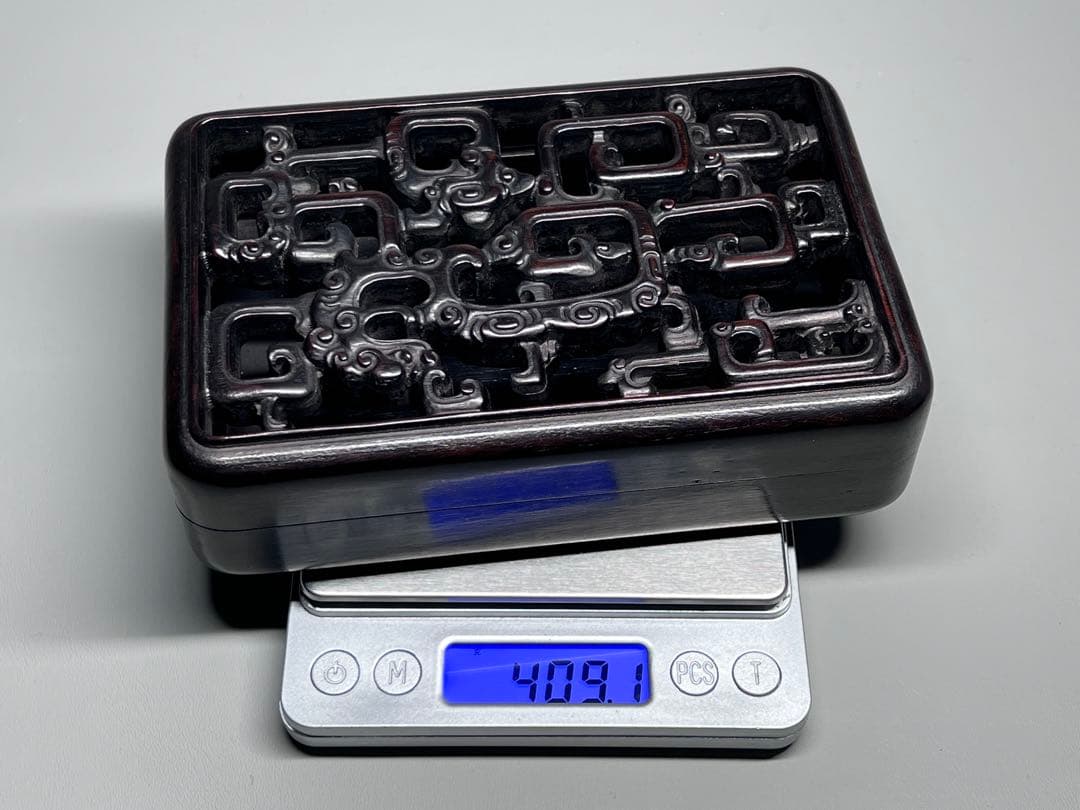 木製　小物入れ　香炉？　硯箱　龍紋　透彫　極細工　文房具　中国美術　唐木　黑檀