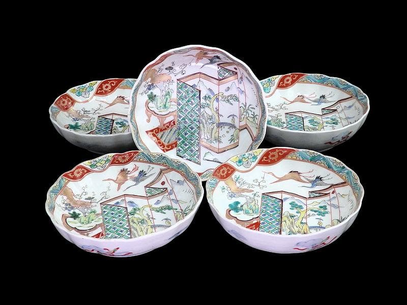 古伊万里　色絵　屏風図に双鶴の図　膾皿　５枚　D299AS-fbty